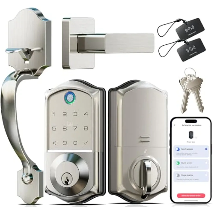 

Умный дверной замок VE017-H с функцией распознавания отпечатков пальцев, управлением через приложение, 8-в-1, безключевой доступ, с ручками из цинкового сплава, матовый никель