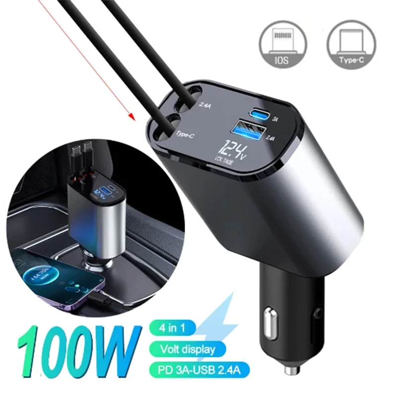 

Car Fast Charger 100W PD+USB Type C with 2 Retractable Cables Charger Voltmeter 4 in 1 Power Adapter for IPhone IPad