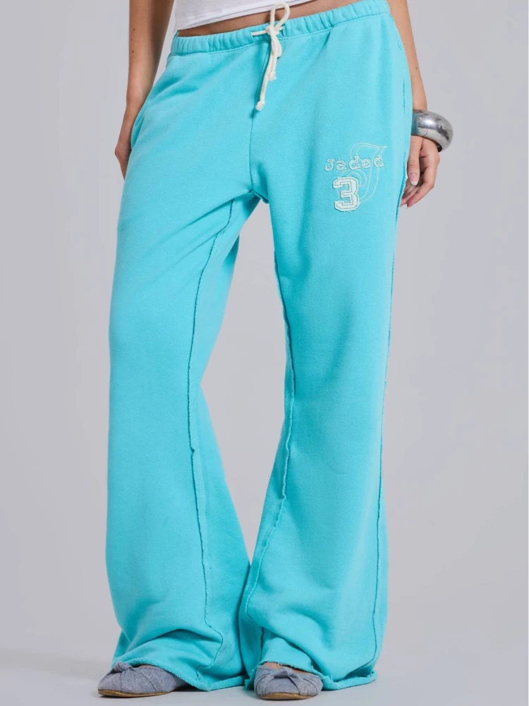 Women Letter Embroidery Flared Sweatpants Raw Seam Drawstring Elastic Waist Bootcut Jogger Pants Y2K Streetwear Casual Trousers