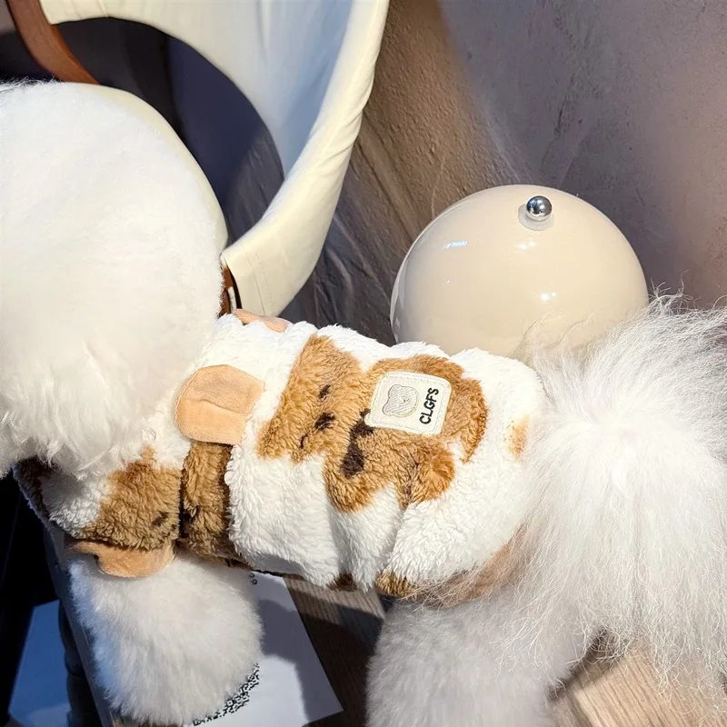 Autumn and Winter Pet Fleece Sweatshirt Teddy Warm Clothes Small to Medium Dog Cartoon Pattern Pullover with Traction Buckle