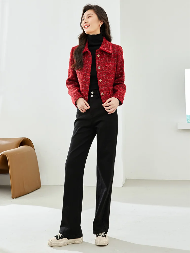 Vimly inverno vermelho tweed jaquetas para mulheres senhora do escritório 2023 trabalho negócios outerwear manga longa lapela em linha reta casaco