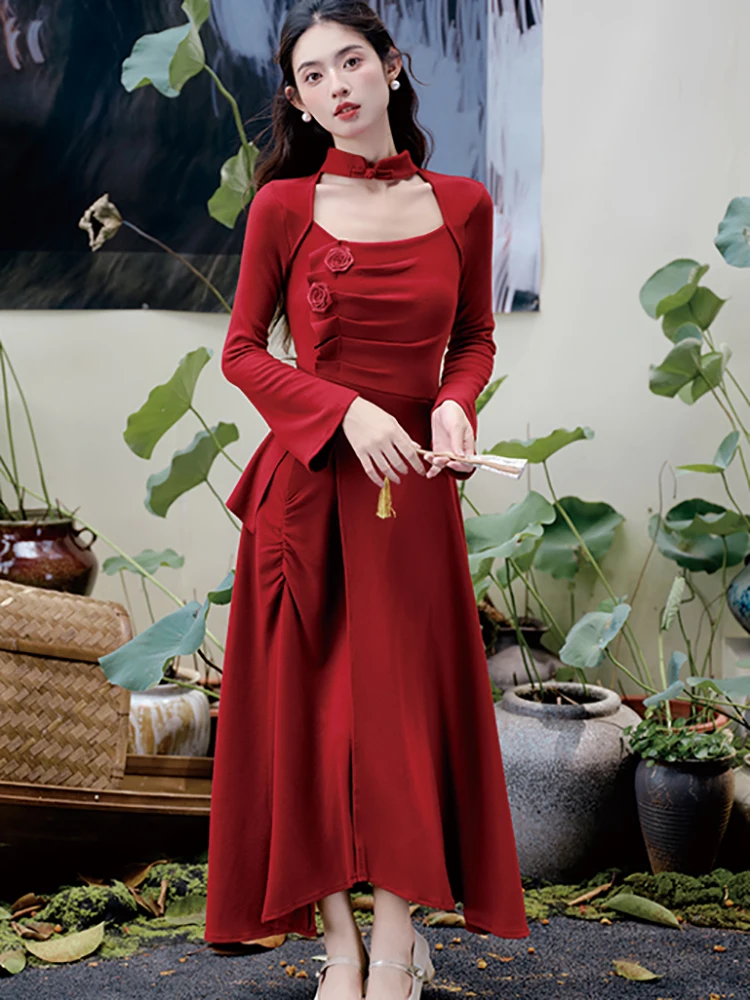 

Осень-зима красное платье макси с длинным рукавом и квадратным воротником женское элегантное роскошное свадебное платье 2025 корейское винтажное праздничное платье Vestidos