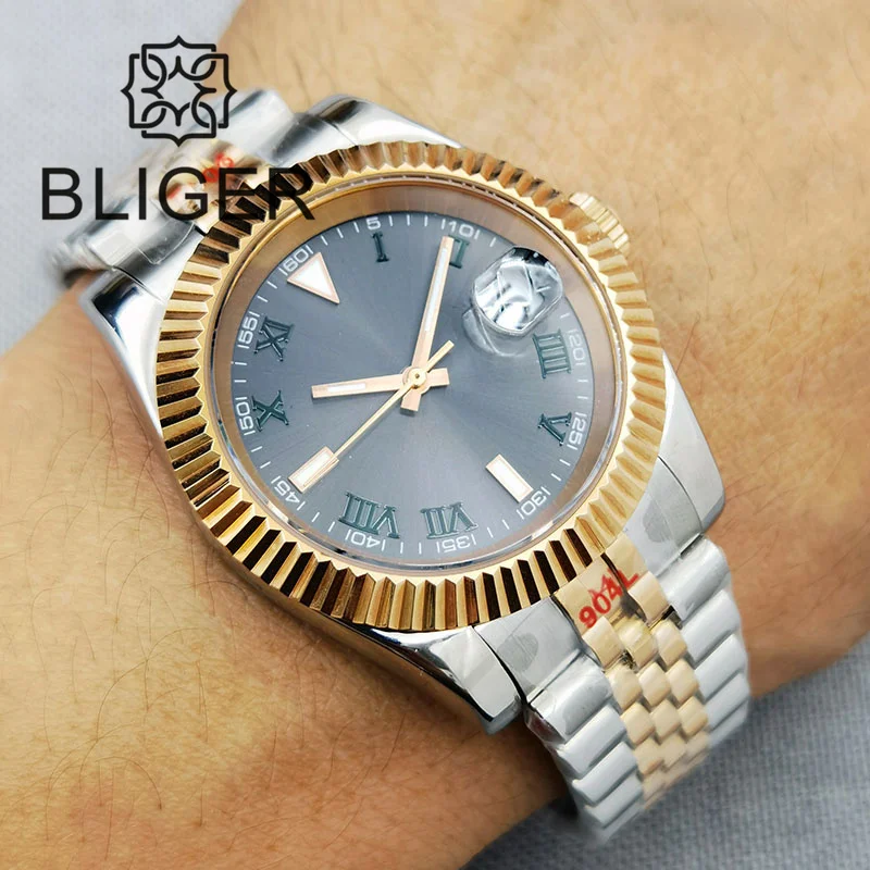 BLIGER 36mm/39mm NH35A Automatic Men Watch Two Tone Rose Gold Sapphire Glass Grey Dial Index Steel Strap Bracelet