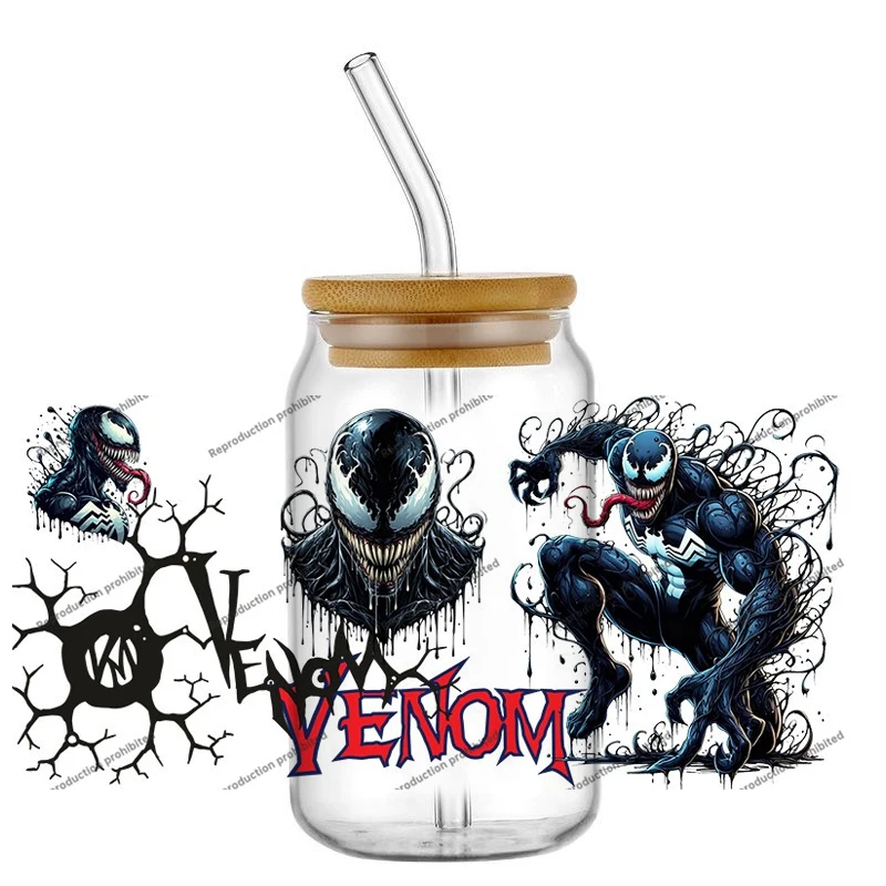 인기 베놈 16온스 UV DTF 핫 20 디자인 3D 스티커 슈퍼히어로 만화 패션 데칼 유리 캔 컵 머그 커피 공예 생일 선물