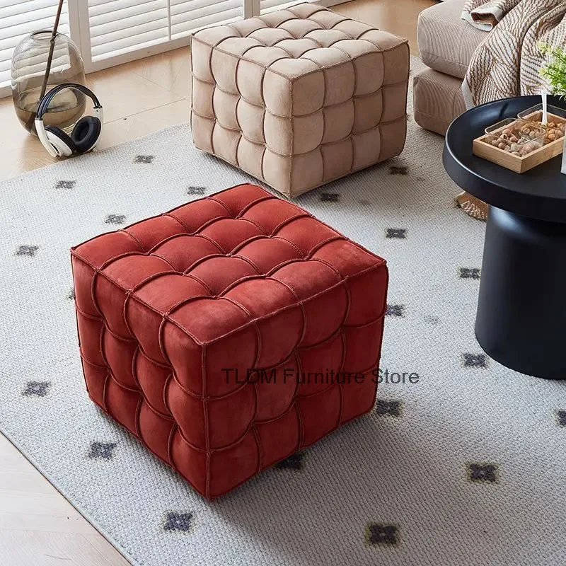 Hand Stitched Grid Cube Ottoman Stool, Square Tufted Block Padded Upholstered Footrest Minimal Accent Seat for Living Room