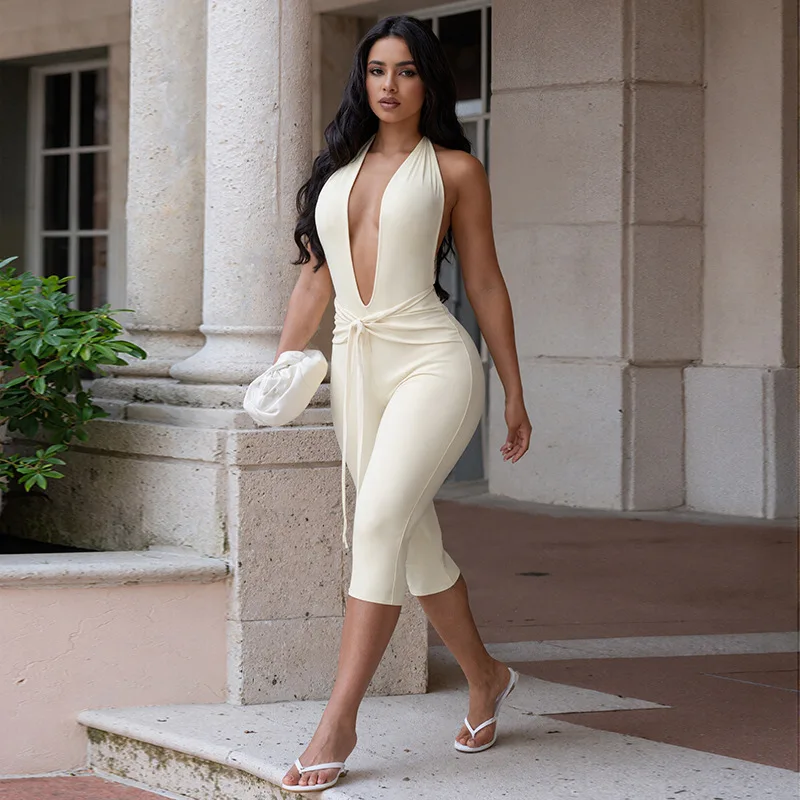 

Women Clothes Halter Deep V-neck Lace-up Backless Sexy Jumpsuits Playsuits 2026 Vacation Calf-length Romper Female Streetwear