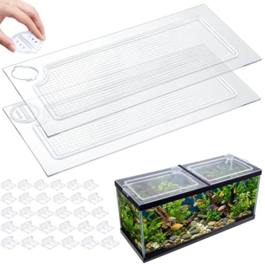 

2 Pcs Clear Aquarium Canopy and Embedded Network Set with 30 Top Cover Clips Polycarbonate 22.56 x 16.22 x 0.2 Inches for 75/90