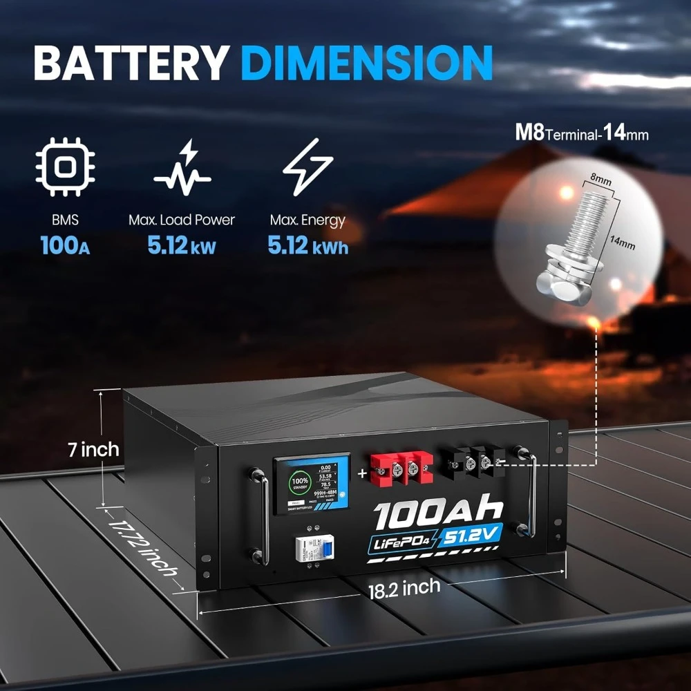 Литиевая батарея LiFePO4 48 В, 100 Ач, встроенная BMS 100 А, с сенсорным интеллектуальным дисплеем и мобильным приложением, макс. Выходная мощность 4800 Вт,