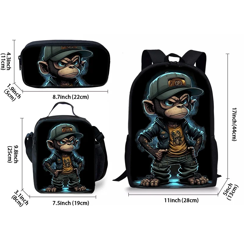 

Cool Cartoon Monkey Black Backpack Three-Piece Set, For Teenager, For Teenager
