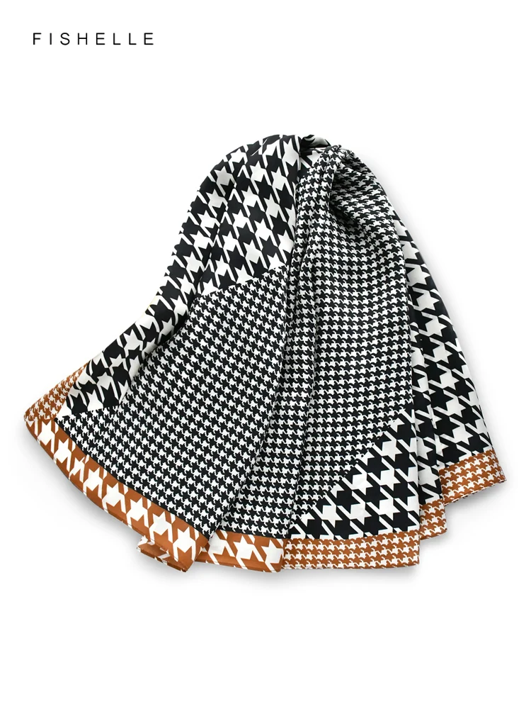 New Fashion Houndstooth 100% Natural Silk Scarf Shawl Wrap Glossy Bandana Hijab Women Headband Kerchief Luxurious Gifts For Lady