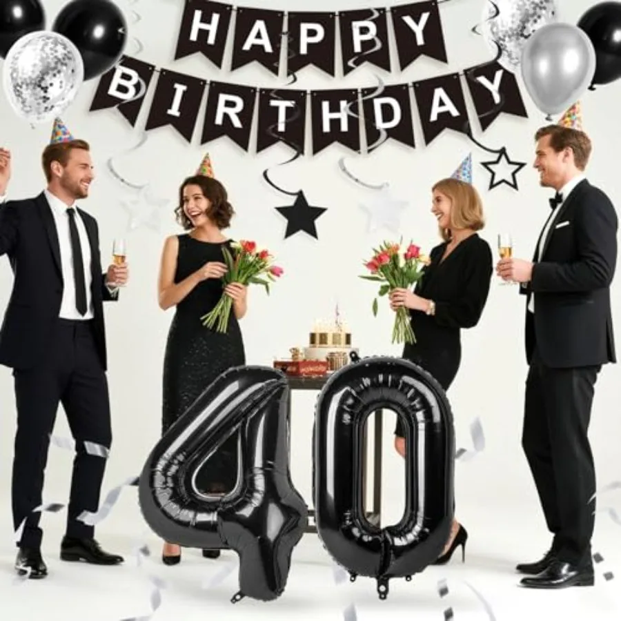 40th زينة عيد الميلاد للرجال النساء أسود فضي 40th عيد ميلاد راية بالونات الدوامات لوازم الحفلات 40 سنة عيد ميلاد P