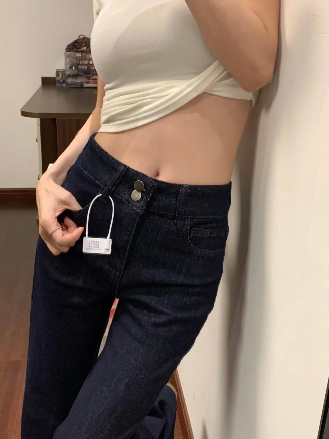 Extended Length Loose Fit Deep Blue Double Buckle Flare Jeans Women Low Waist Denim Pants Slimming Bell Bottoms Non-Matching