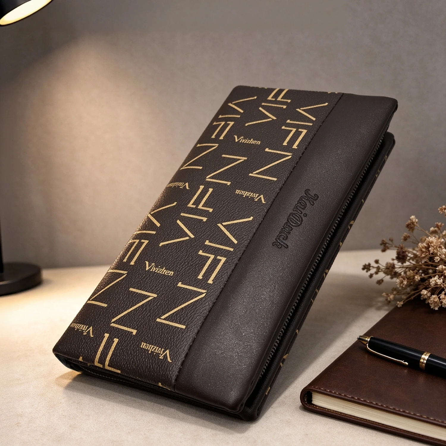 Men's PU Leather Long Zipper Wallet with Wrist Strap, 12 Card Slots, Large Capacity, Christmas Gift