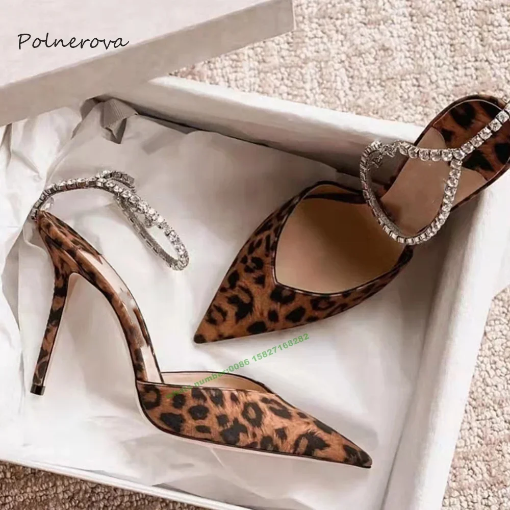 Sandalias con correa en el tobillo de leopardo, decoración de cadena de piedras preciosas, Sandalias finas de tacón alto, zapatos de pasarela sexis para fiesta con punta puntiaguda para mujer, lo más nuevo