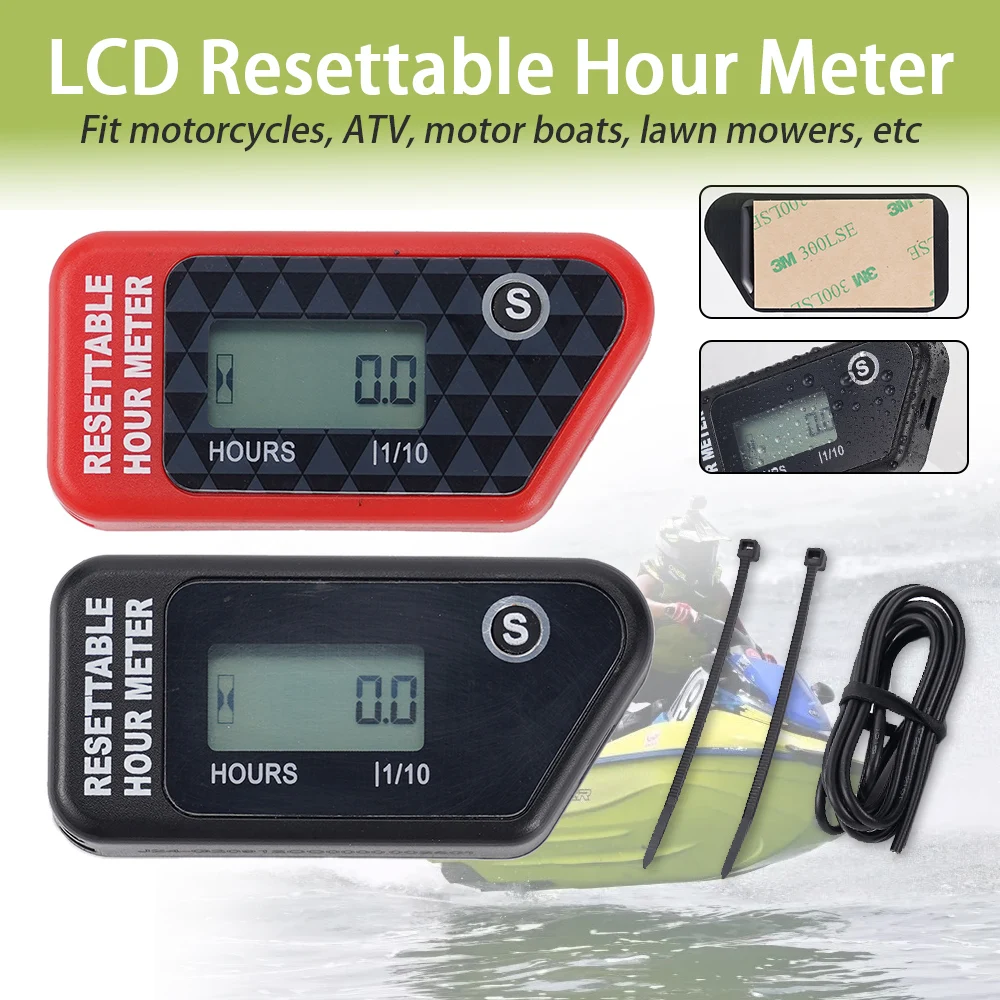 Waterproof LCD Resettable Hour Meter Counter Maintenance Reminder In Black/Red Fit Motorcycle/ATV/Motorboat/Lawn Mower