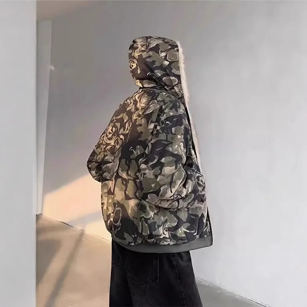 Print Parkas Hooded Long Sleeve Men Parka Zipper Cardigan Coats Pockets High Street Outerwear Loos Fit Autumn 2025 Spliced
