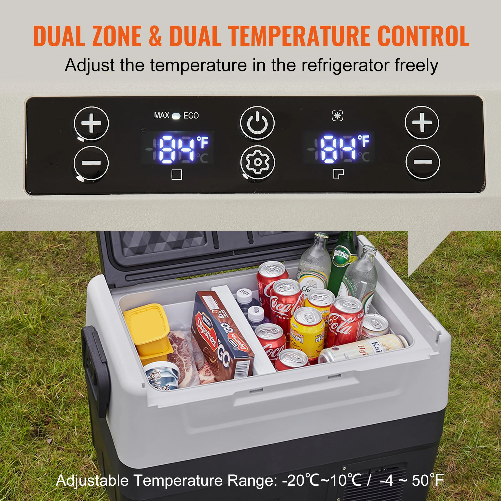 VEVOR Car Refrigerator 12 Volt Car Refrigerator 55L Dual Zone Portable Freezer -4℉-50℉ 12/24V DC and 100-240V Cooler for Outdoor