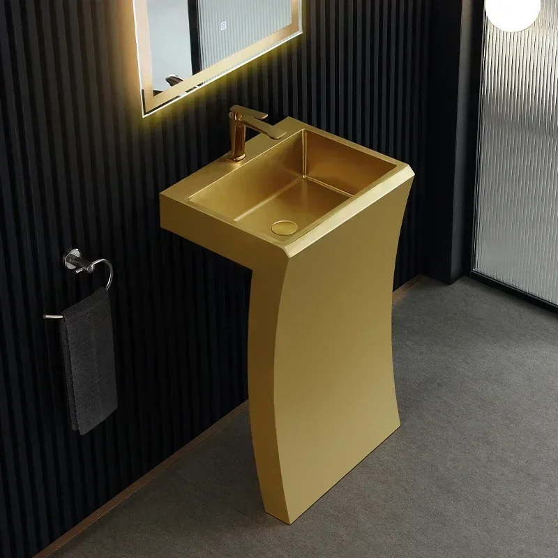 

Black stainless steel hand basin integrated gold column washbasin hotel floor-to-ceiling washbasin