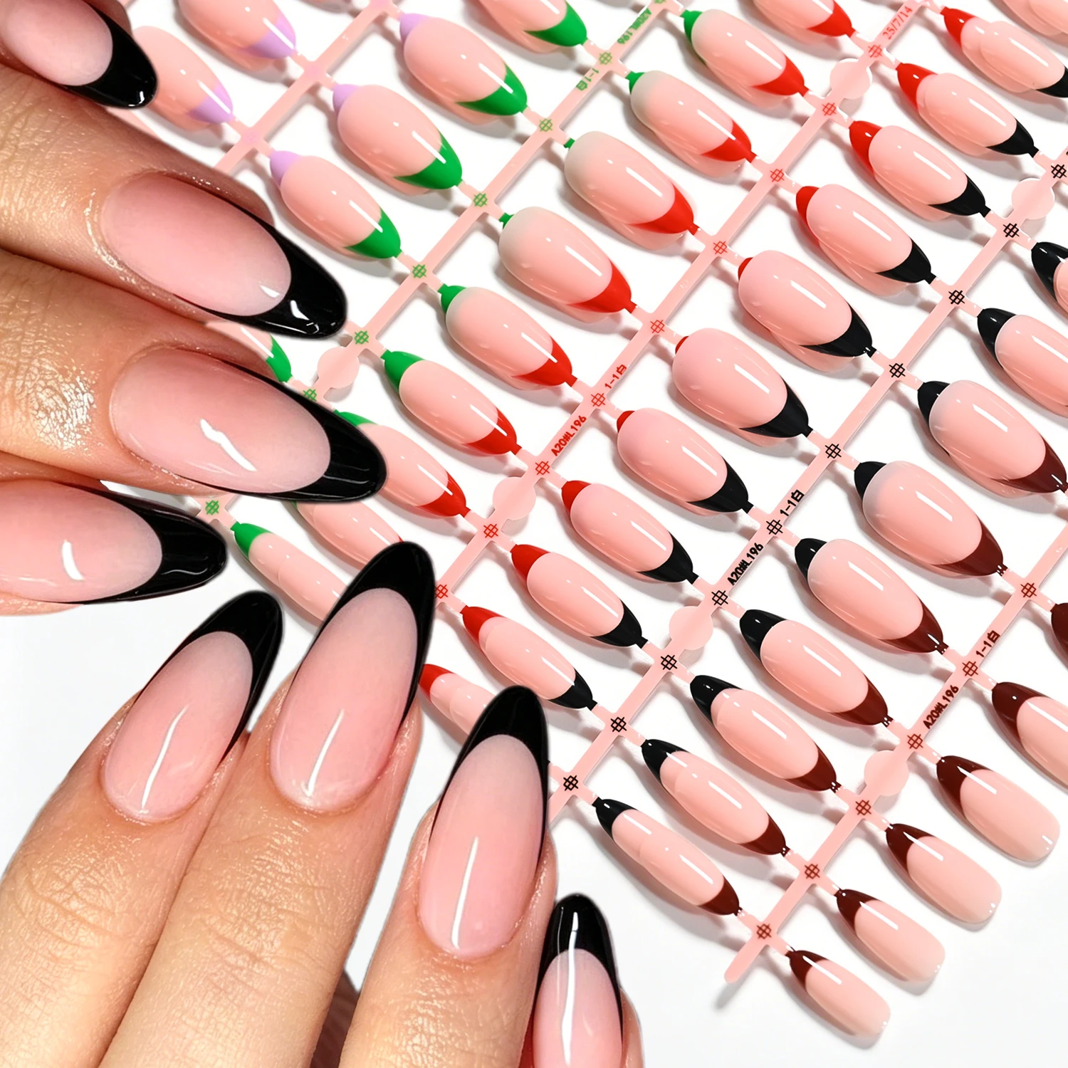 144Pcs 6Colors French Tips Press On Nails Full Cover Medium Almond Fake Nail 12-Sizes for Women&Girl Removable False Fingertips