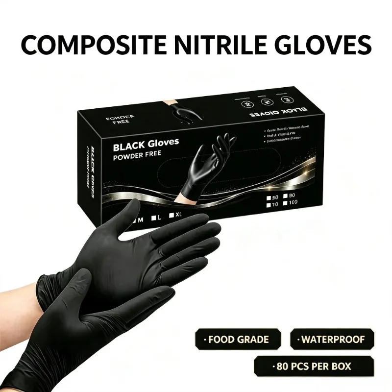 80PCS One-time Black Composite Nitrile Gloves Box-packed Suitable  Nitrile Gloves for Kitchen Cleaning Tattoos Beauty Salons