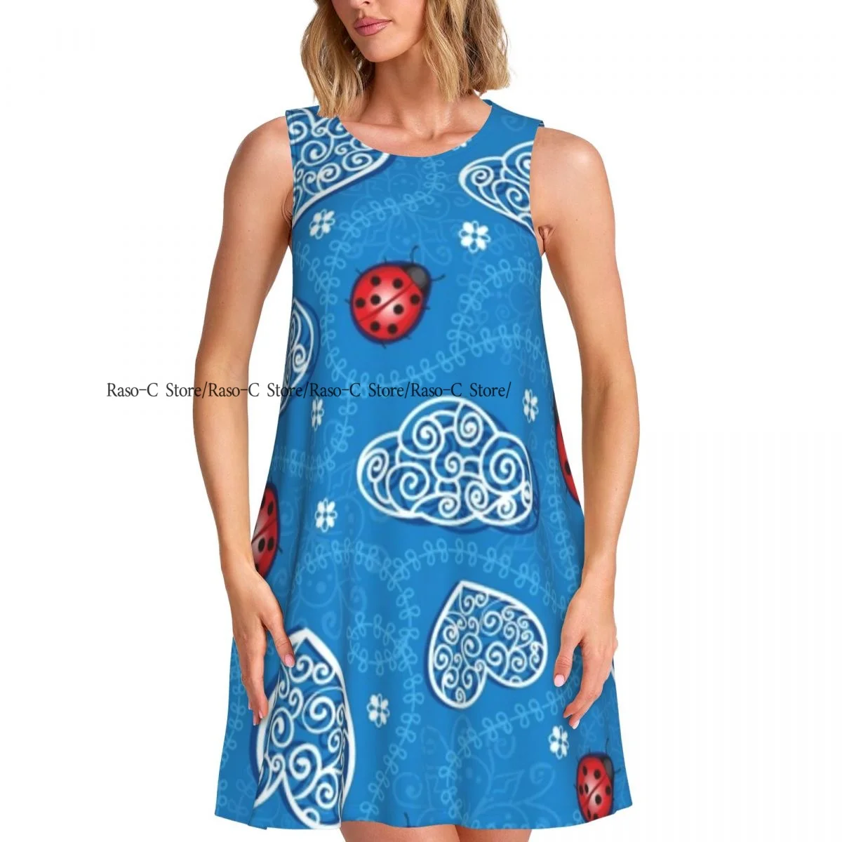 Abito da donna con cuori, coccinella e nuvole, maglietta casual estiva, abito da spiaggia