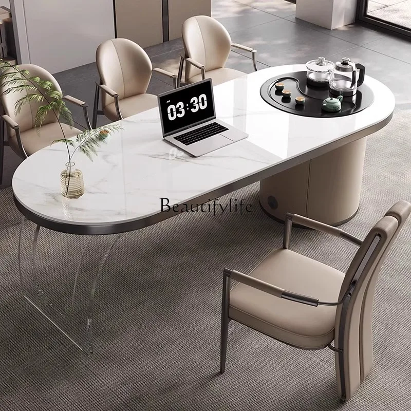 

Modern simple rock slab tea table light luxury office super crystal integrated tea table