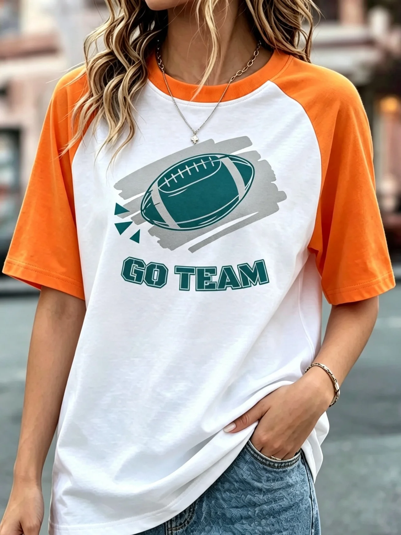 Go Team Football Brush Stroke Graphic Raglan T Shirts, Women Color Block Short Sleeve Game Day Baseball Tee