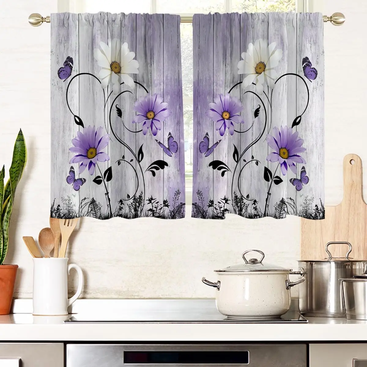 Purple Floral Window Curtains Kitchen Lavender Lilac Flowers Girls Butterfly Fun Small Short Home Living Room Bedroom Bathroom