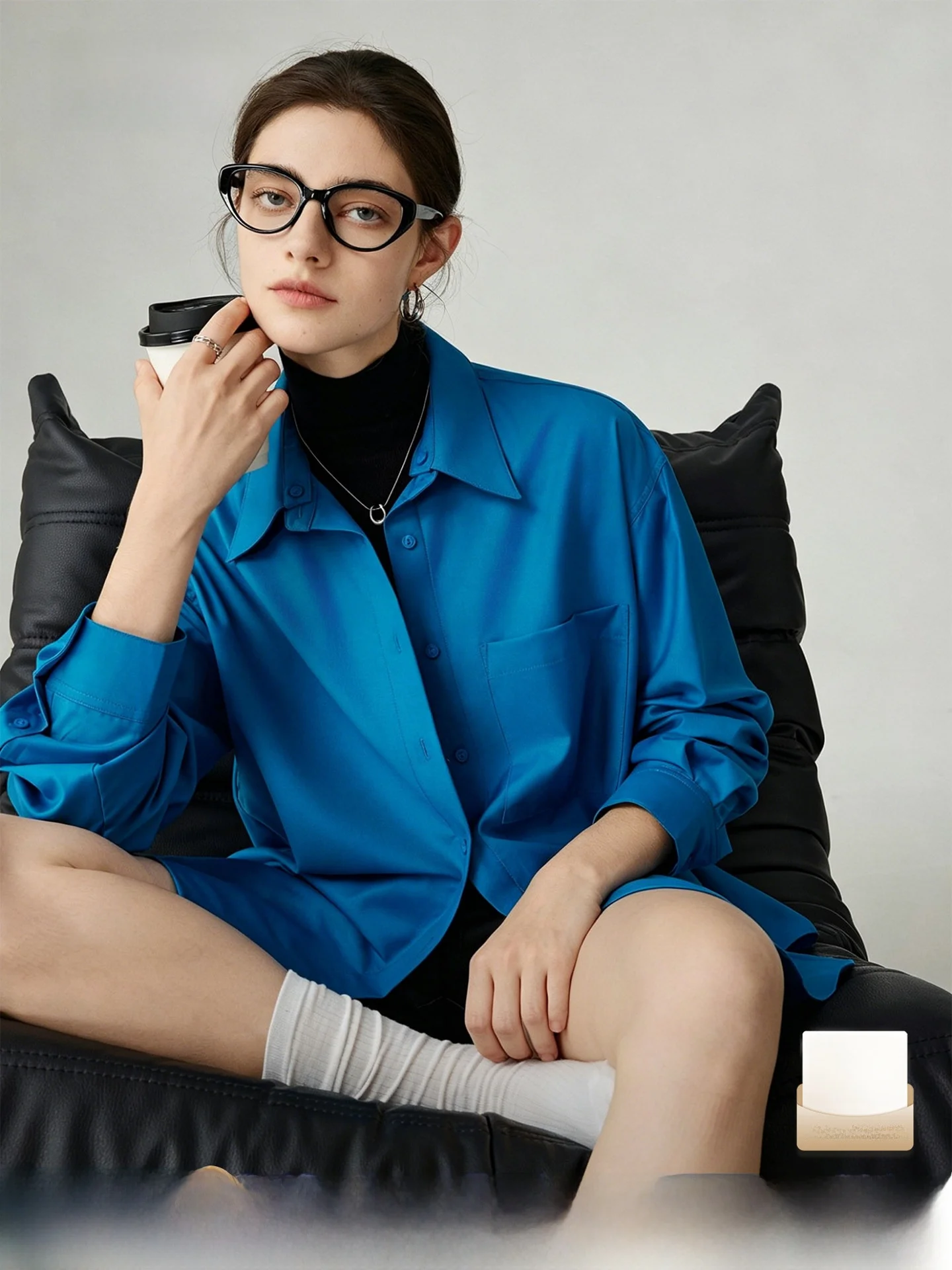 Two-Way Wearable Klein Blue Shirt with Detachable Collar for Women Vintage Style Commute Long Sleeve Polyester Casual Shirt