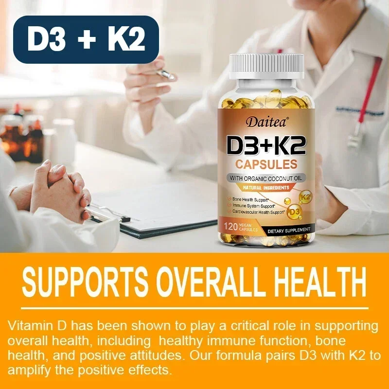 Vitamin D3 + K2 Capsules - Organic Coconut Oil - Regulates Calcium Absorption and Supports Healthy Bone, Heart & Immune Function