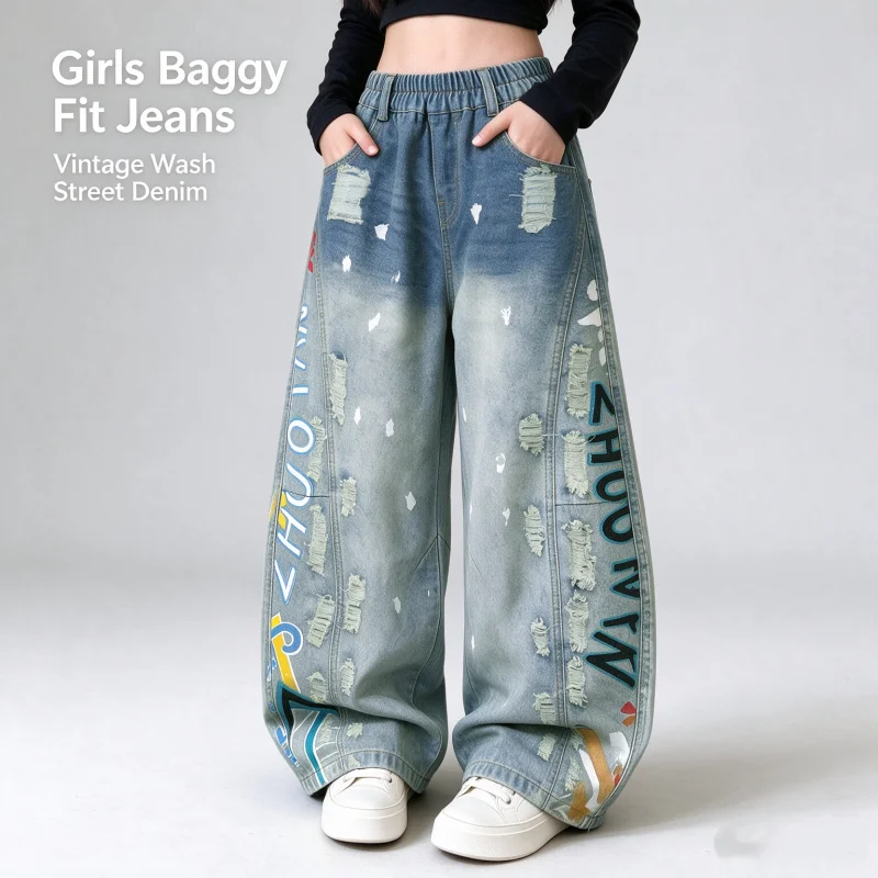 Girls Curved Baggy Jeans Distressed Graffiti Print Wide Leg Denim Pants Winter Elastic Waist Streetwear Trousers for 6-16Y Teen