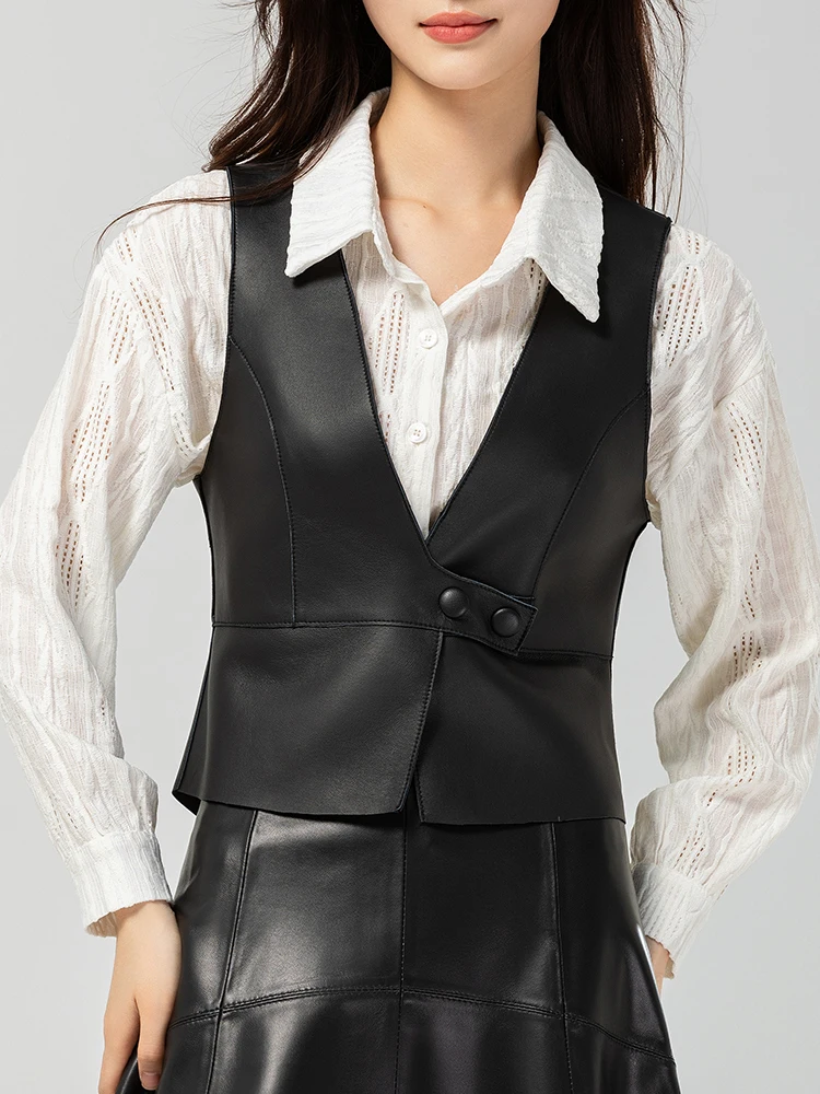 패셔너블한 천연 양가죽 조끼 여성용 가을 겨울 슬림핏 V넥 아우터웨어 출퇴근용 단추 하나 순색