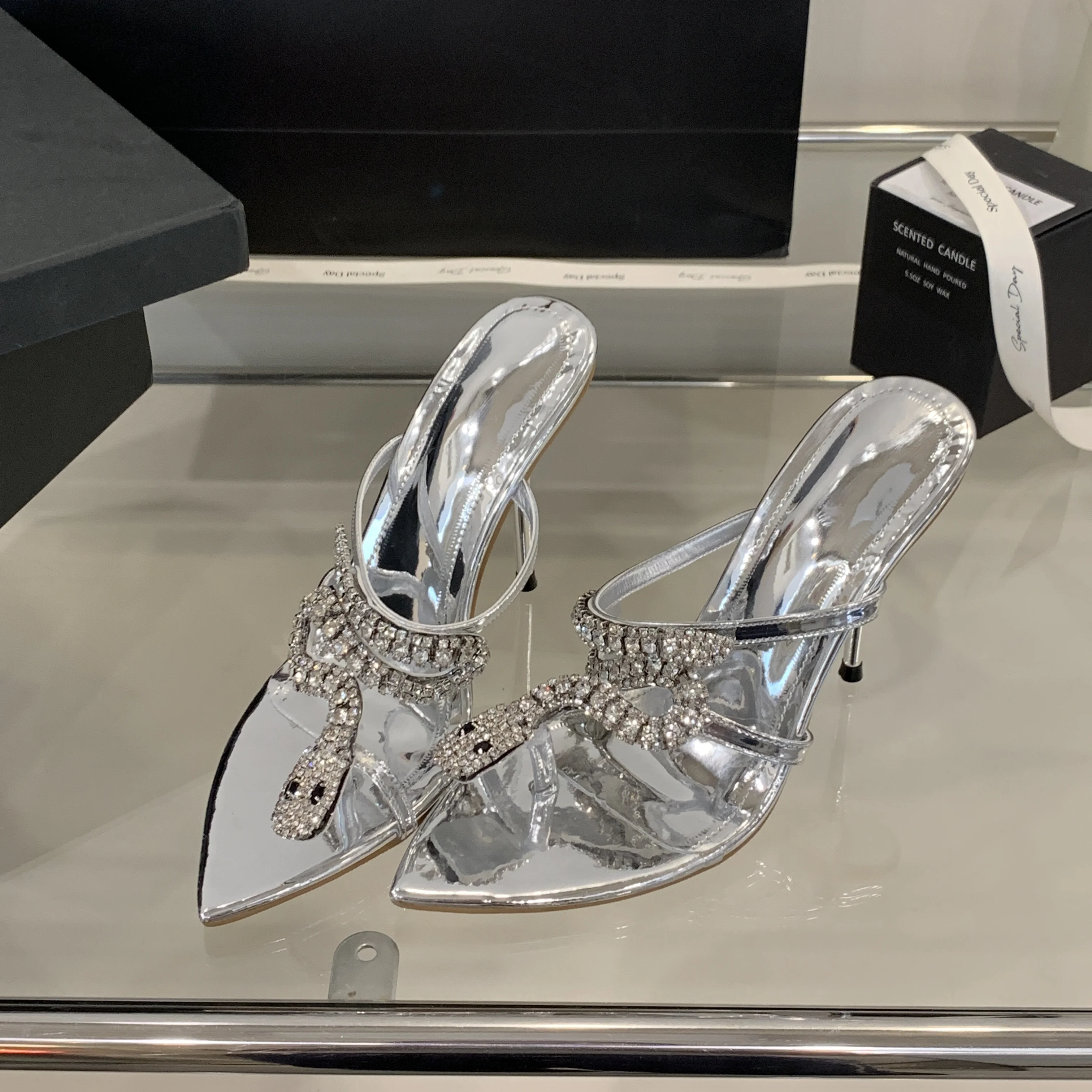 2025 Summer Women Luxury Sexy Pointed Toe Rhinestone Snake Gold Silver Party Wedding High Heel Slippers
