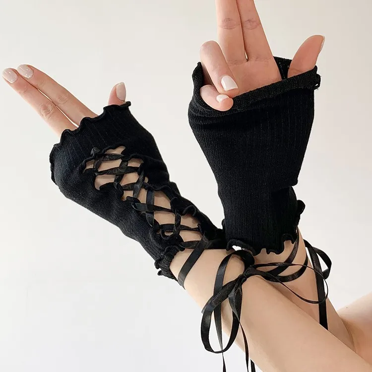 Kawaii medio dedo corbata puño Y2k temperamento gótico decoración de muñeca de moda Cosplay segunda generación señoras guantes de brazo largo
