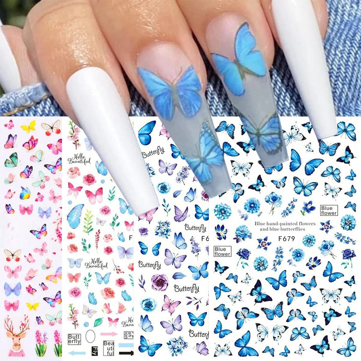 Nagelaufkleber mit Schmetterlingsmotiv, Vintage-Schmetterlings-Rosen-Blumenaufkleber / Muschel-Glüh-Schmetterlings-3D-geprägte Aufkleber für den Nagelstudio