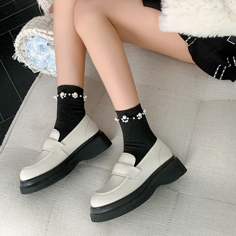 

Round Toe British Style Casual Woman Shoe Soft Slip-on Female Footwear Clogs Platform Loafers With Fur Oxfords Preppy Slip On Dr