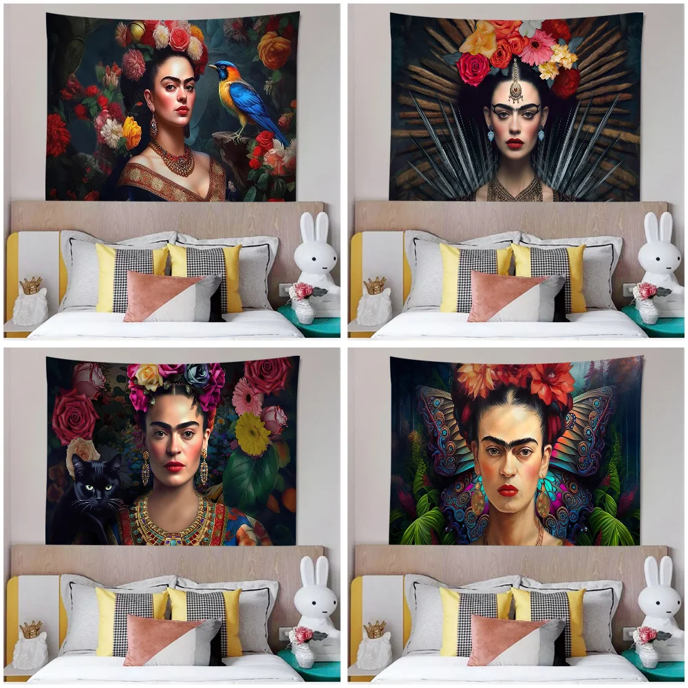 F-frida k-kahloes tapiz de Anime artístico, alfombras de pared de flores Hippie, decoración de dormitorio, colgante de pared, decoración del hogar