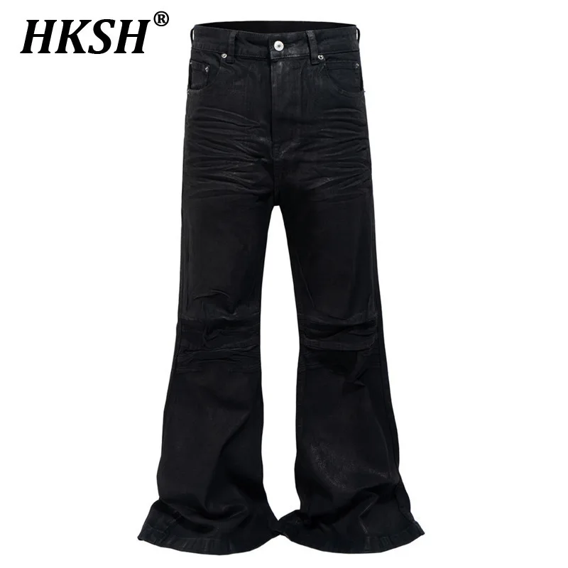

HKSH Spring Autumn New Men Tide Y2K American High Street Fashion Waxed Coated Denim Pants Chic Wide Leg Flared Jeans Ins HK5366