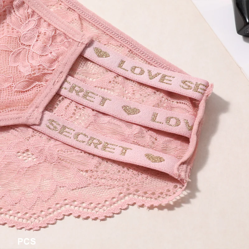 4ks/sada sexy poloprůhledných květinových krajkových kalhotek - s dutým pasem a potiskem "LOVE SECRET" - nízký pas, spodní prádlo - náhled 3