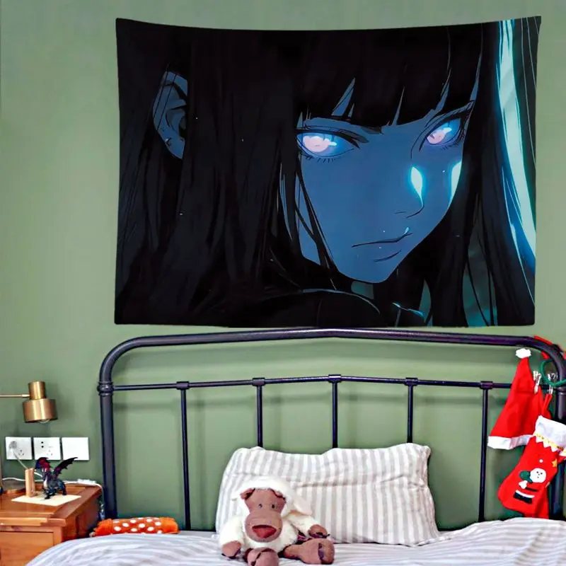 VIKAMA Blue Glowing Eyes Anime Girl Tapestry, Dark Wall Hanging for Bedroom Dorm Living Room Decor
