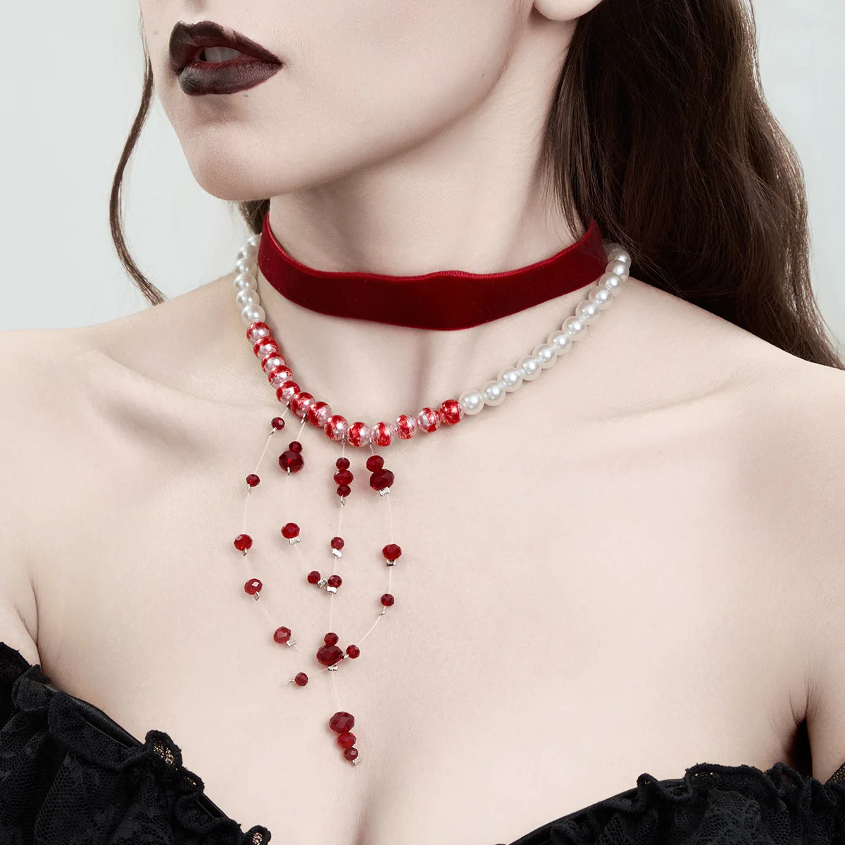 Red Velvet Chain Red Blood Pattern Imitation Pearl Tassel Pendant Necklace for Women Goth Crystal Bead Chain Halloween Jewelry