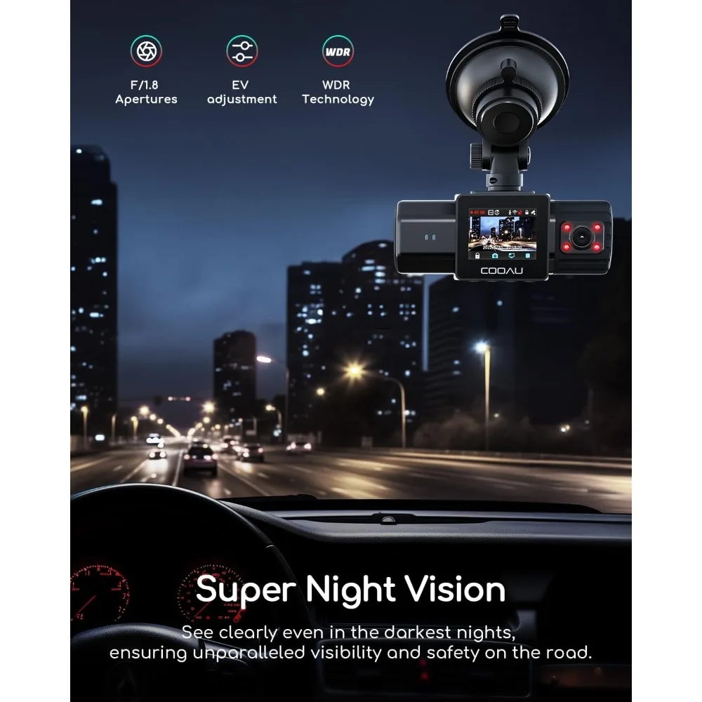 كاميرا COOAU D20 Dual Dash أمامية وداخلها مع بطاقة 256 جيجابايت ونظام تحديد المواقع WiFi، كاميرا داش 2.5K 1080P للسيارات، كاميرا داش كام مثالية لـ U-BER