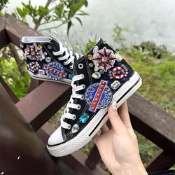 Decorazione fatta a mano scarpe da donna nuove scarpe da ginnastica retrò scarpe da donna in tela con punta tonda scarpe basse causali incrociate scarpe alte femminili