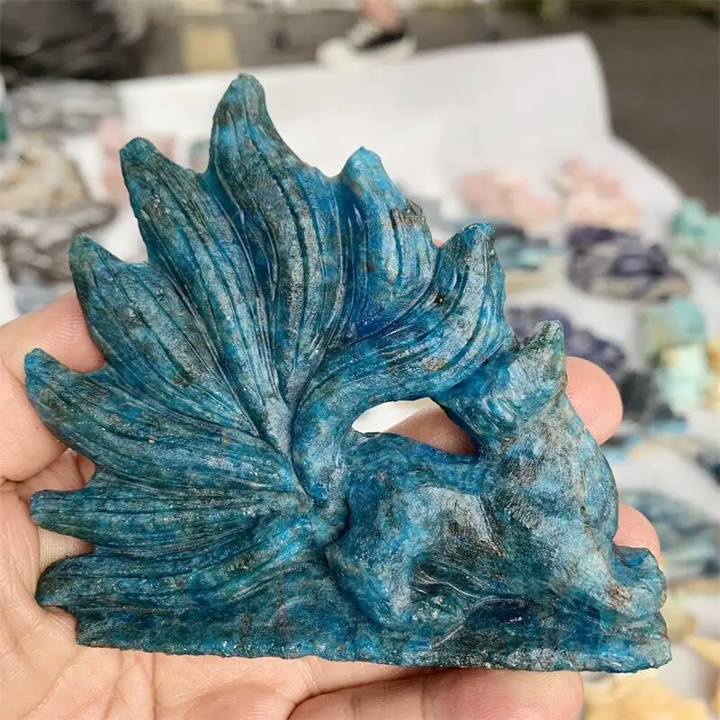 

Natural Blue Apatite Nine-tailed Fox Fairy Carving Polished Powerful Animal Statue For Home Decoration Gift 1pcs