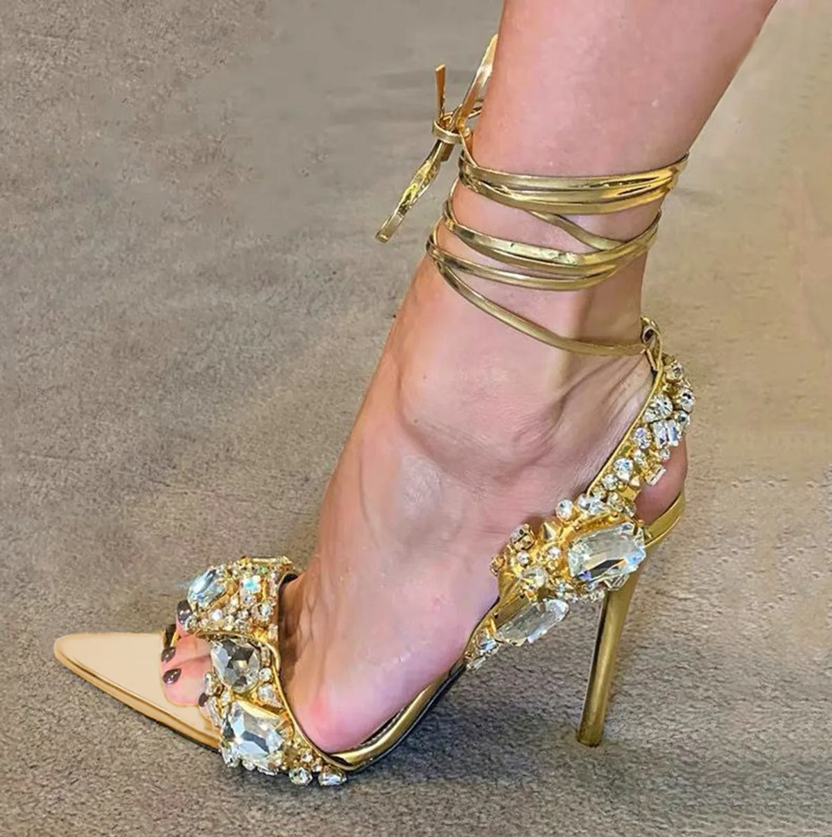 Purcoral 2026 Crystal Rhinestone Women Sandals Gold Metallic Pointed Toe Ankle Wrap Lace‑Up Stiletto High Heels  Prom Party view 4