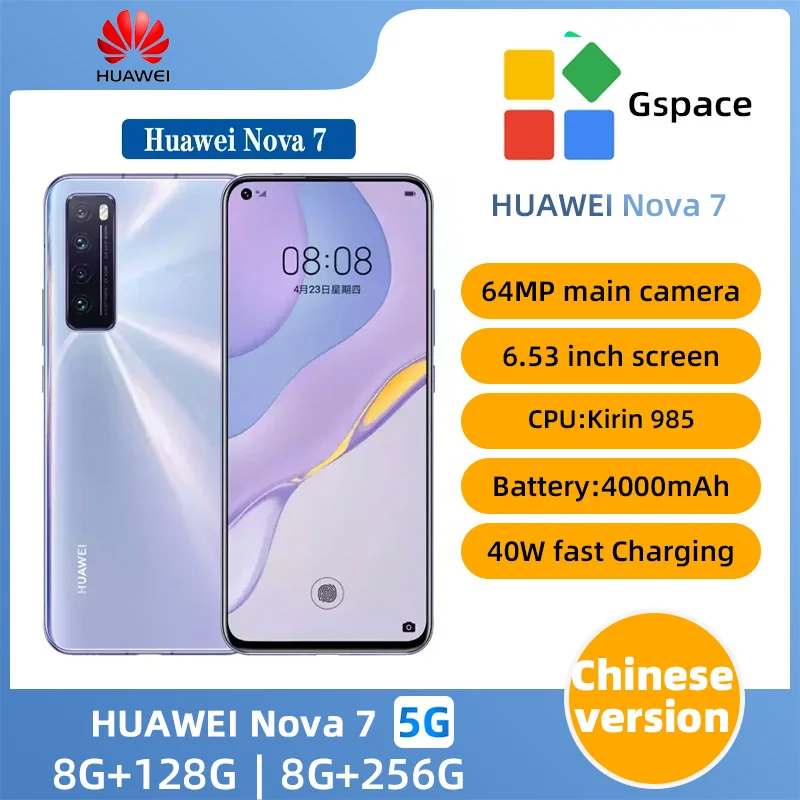 Huawei Nova 7 5G Android Kirin 985 SmartPhone 8GB RAM 128GB 256GB ROM 64MP Quad Rear Cameras 4000mAh 40W SuperCharger used phone