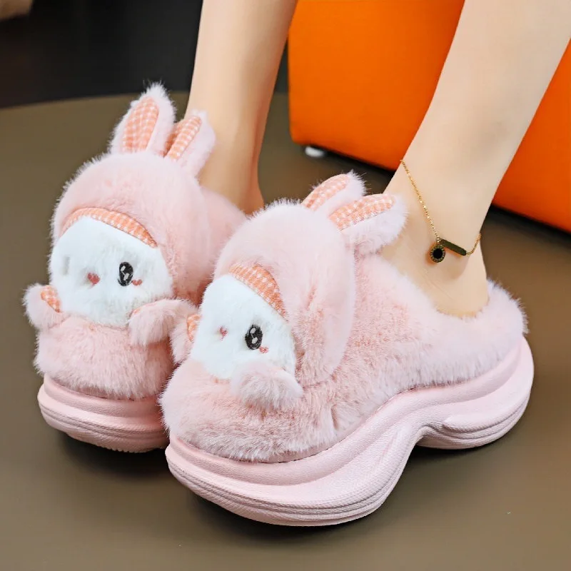 

Pink Cute Rabbit Fluffy Slippers Women's Platform Thick Heeled Designer Shoes Girls Cute Home Plush Warm Winter Footwear 2025