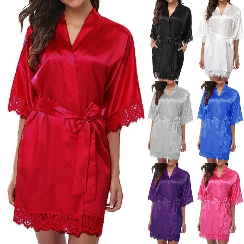 Sexy Women\'s Silk Lace Stitching Lingerie Half Sleeve French Romance Bathrobe Sleepwear Robe Dress Female Nightgown Nightwear