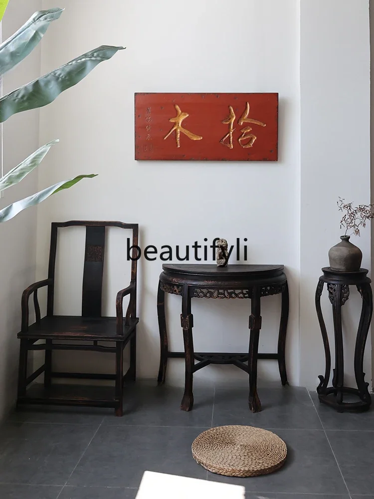 Crescent moon table, half round table, Xuanguan platform, solid wood case table, antique Ming and Qing flowers