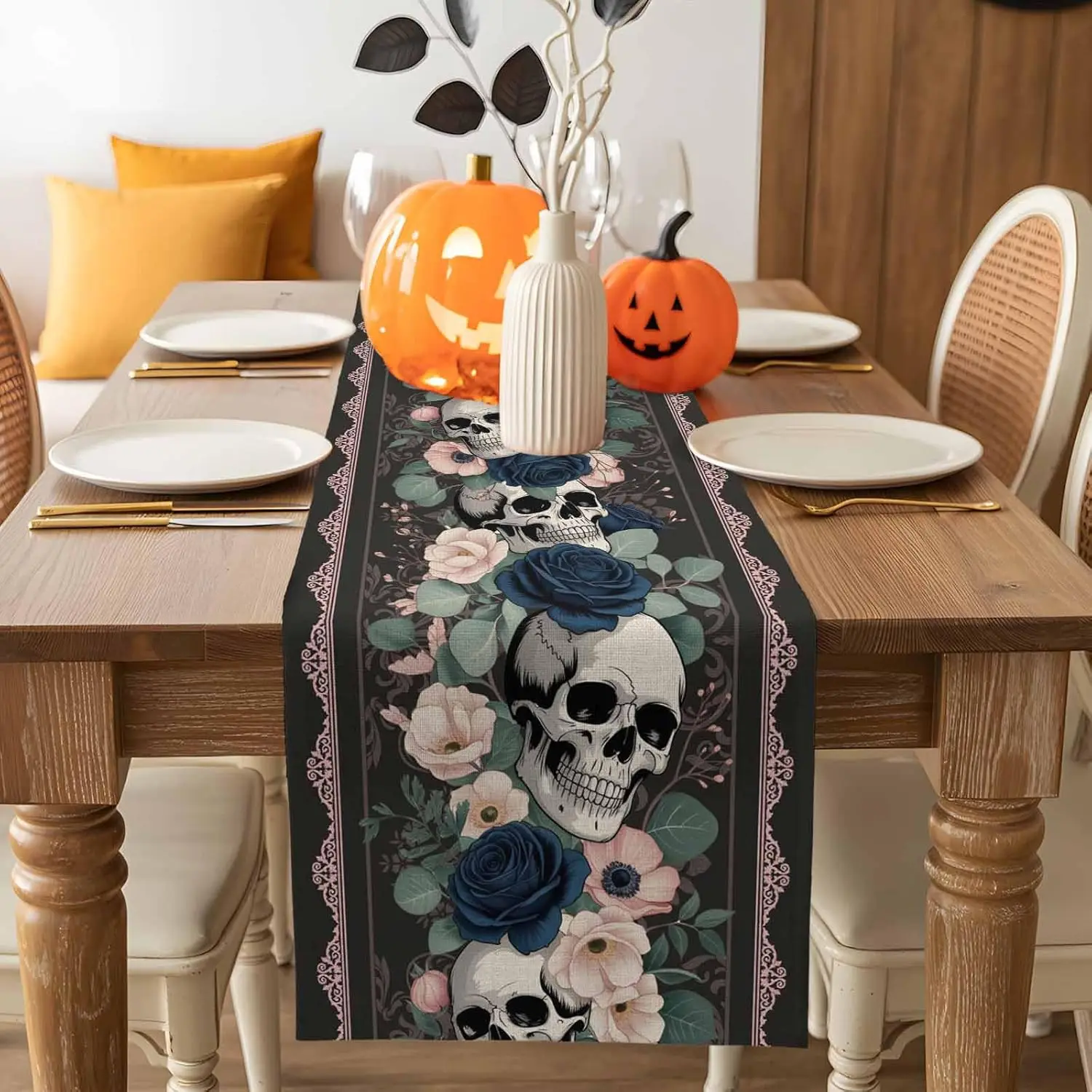 Halloween Skull Rose Print Linen Table Runner Home Decor Black Pink Flowers Kitchen Dining Table Runners Halloween Decorations